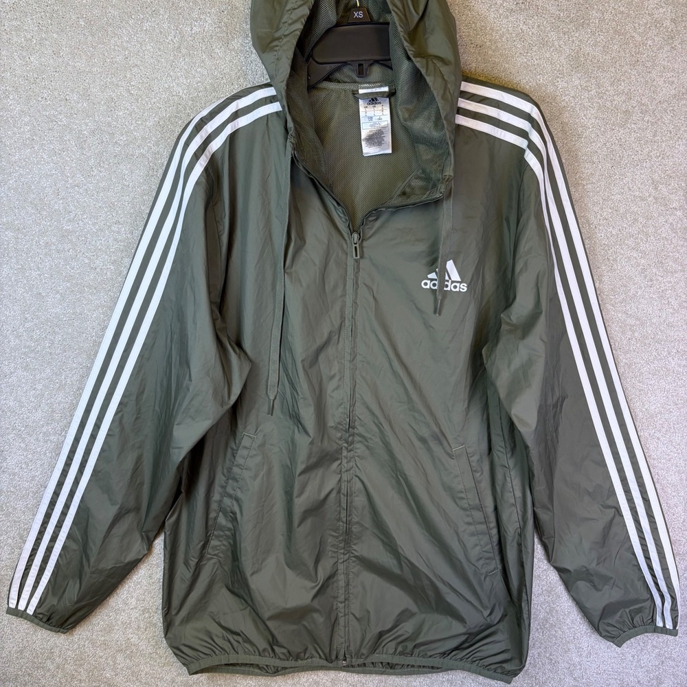 Adidas Windbreaker Jacket Men Large Olive Green 3-Stripe Hooded Lightweight
